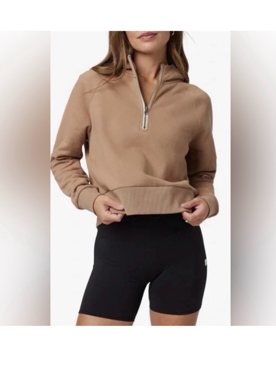 Vuori Tops - Vuori Half Zip Restore Hoodie in Tan